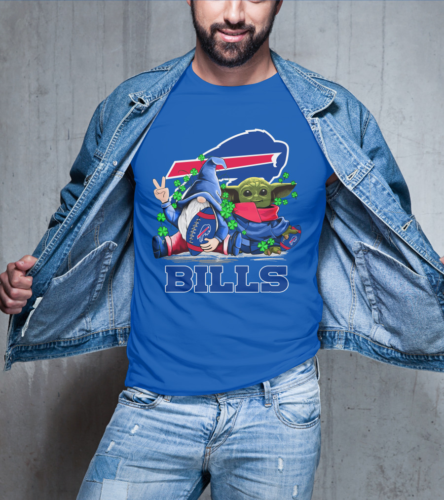 Leprechauns Gnomes Baby Yoda Hug Buffalo Bills Football Team Logo Shamrocks T-Shirt