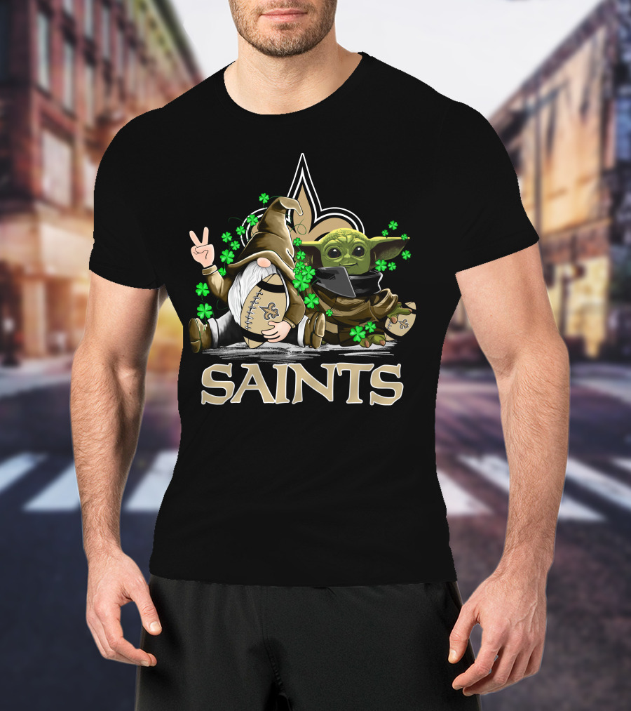 Leprechauns Gnomes Baby Yoda New Orleans Saints Football Shamrocks T-Shirt