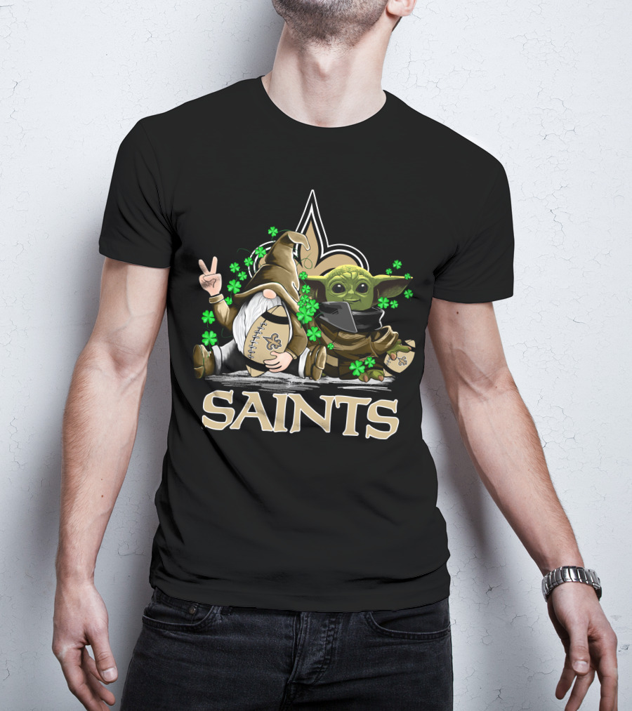 Leprechauns Gnomes Baby Yoda New Orleans Saints Football Shamrocks T-Shirt