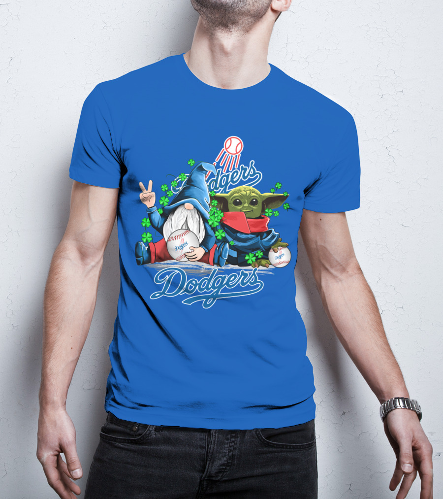 Dodgers Gnomes And Baby Yoda With Baseball And Shamrocks T-Shirt