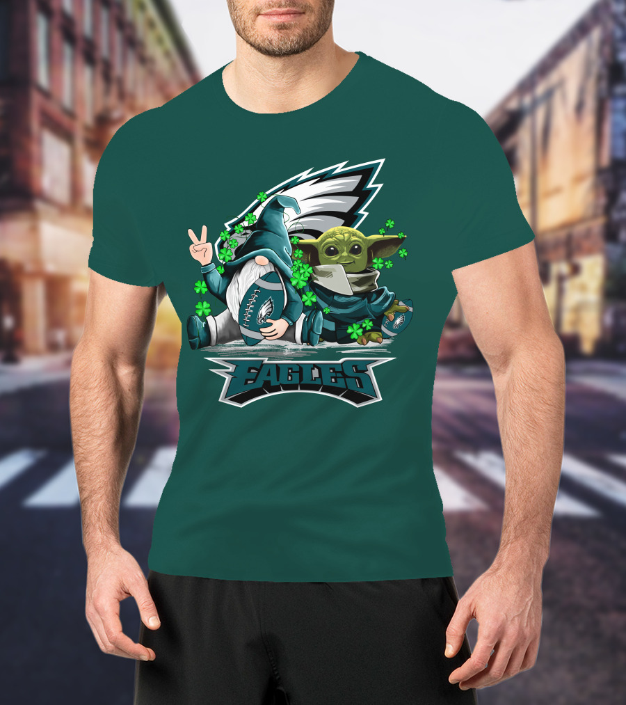 Philadelphia Eagles Leprechauns Gnomes Baby Yoda Hug Football T-Shirt
