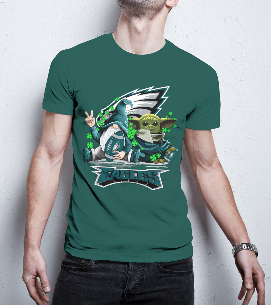 Philadelphia Eagles Leprechauns Gnomes Baby Yoda Hug Football T-Shirt