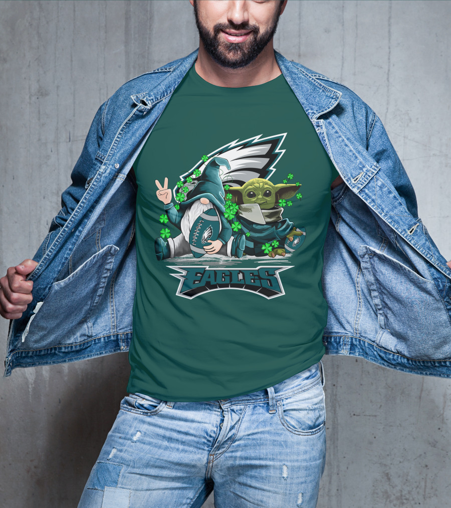 Philadelphia Eagles Leprechauns Gnomes Baby Yoda Hug Football T-Shirt