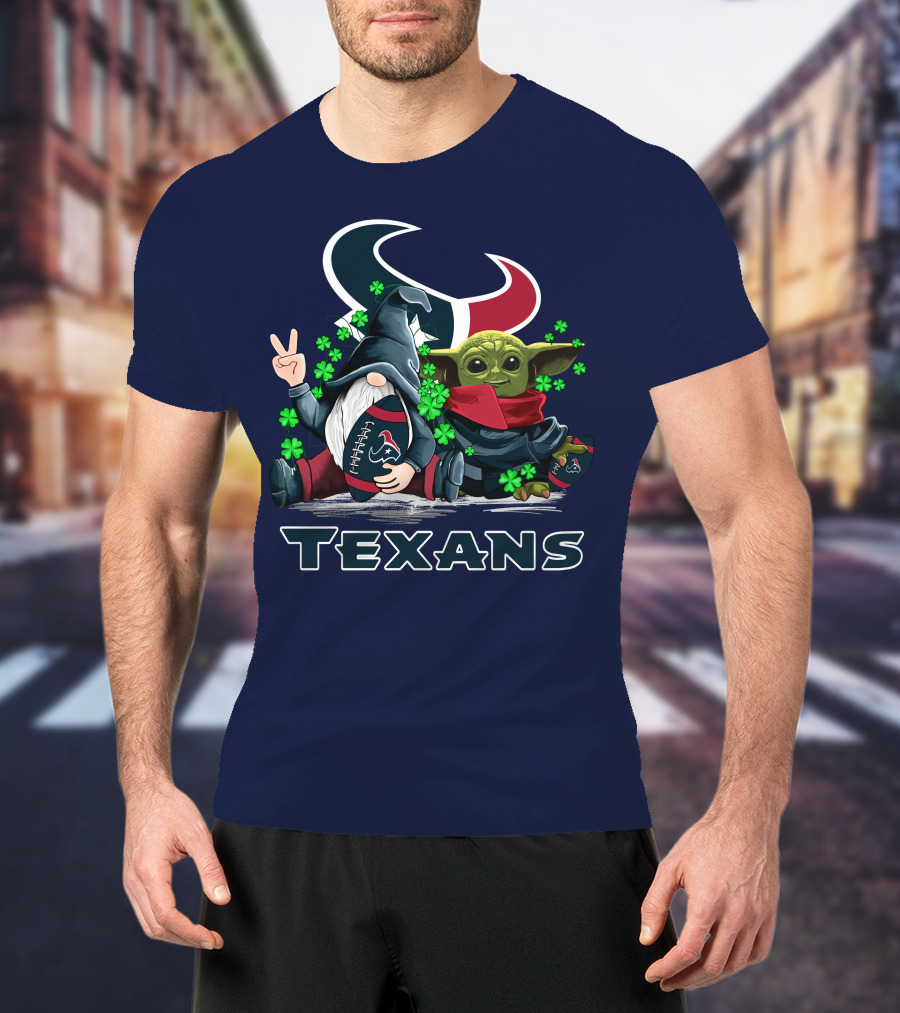 Leprechauns Gnomes Baby Yoda Houston Texans Football Clover T-Shirt