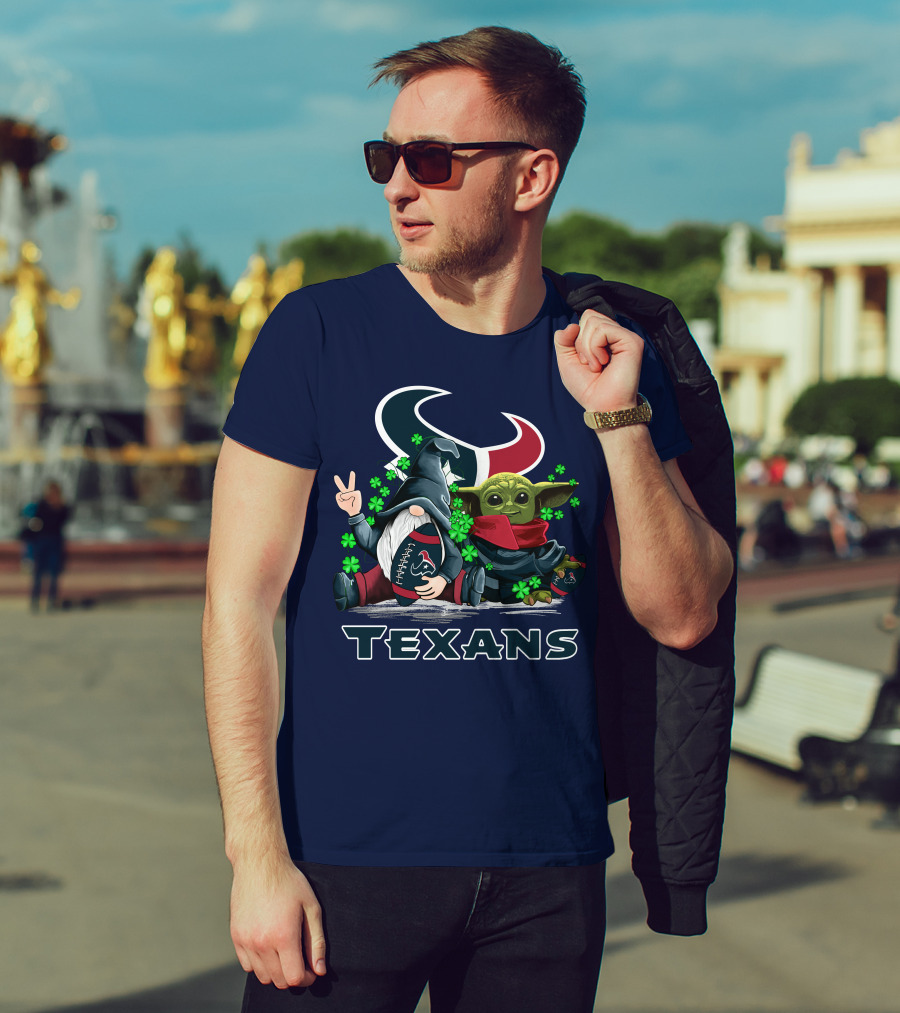 Leprechauns Gnomes Baby Yoda Houston Texans Football Clover T-Shirt