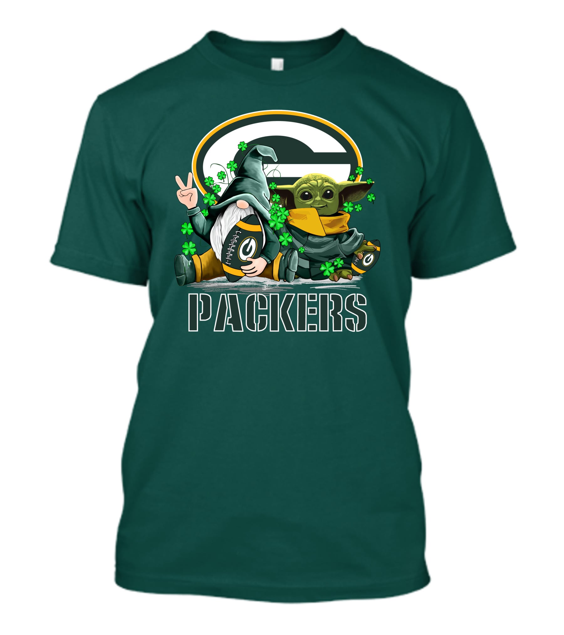 Leprechauns Gnomes Baby Yoda Packers Logo Shamrocks Hug Green Bay T-Shirt