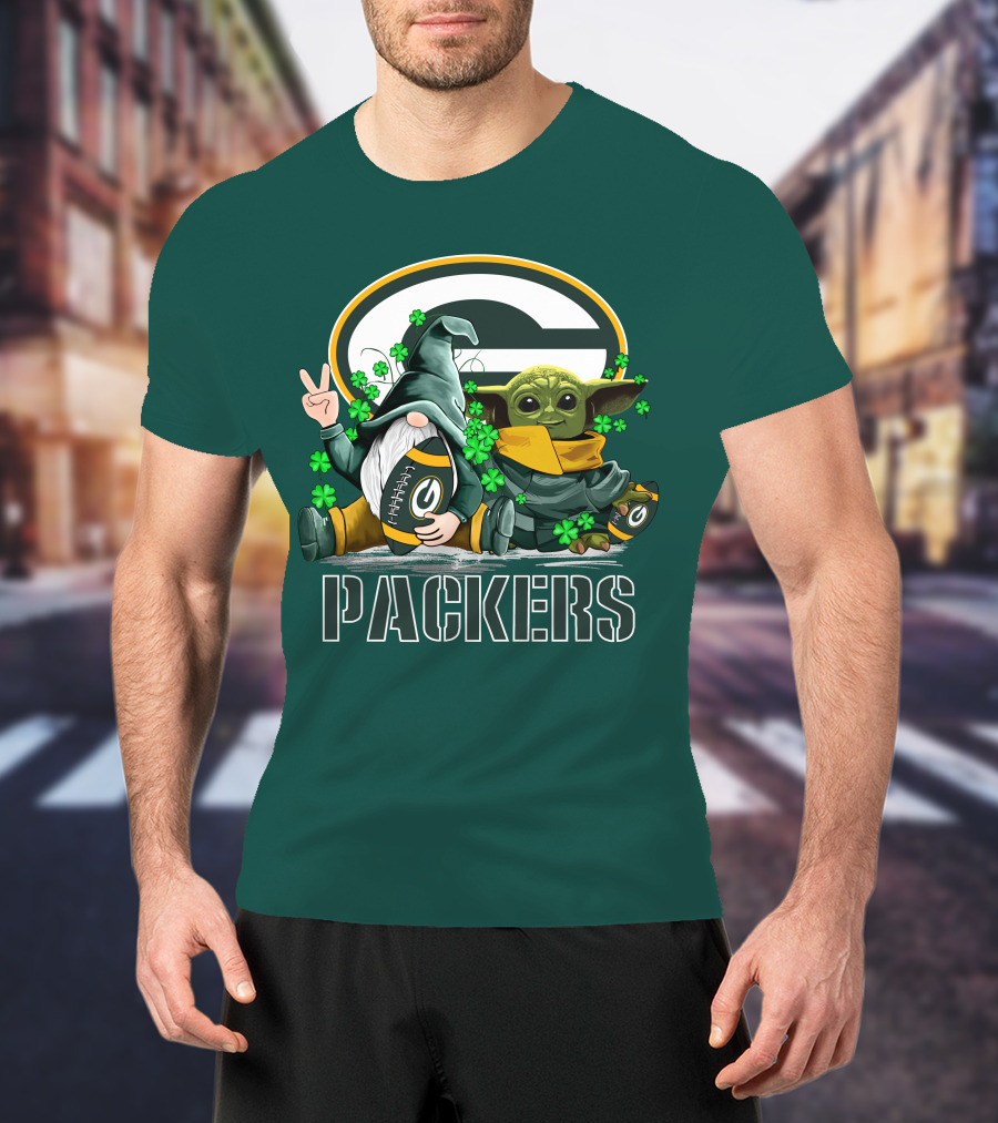 Leprechauns Gnomes Baby Yoda Packers Logo Shamrocks Hug Green Bay T-Shirt