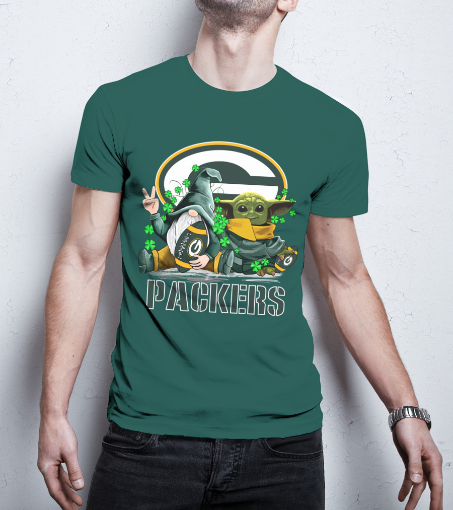 Leprechauns Gnomes Baby Yoda Packers Logo Shamrocks Hug Green Bay T-Shirt