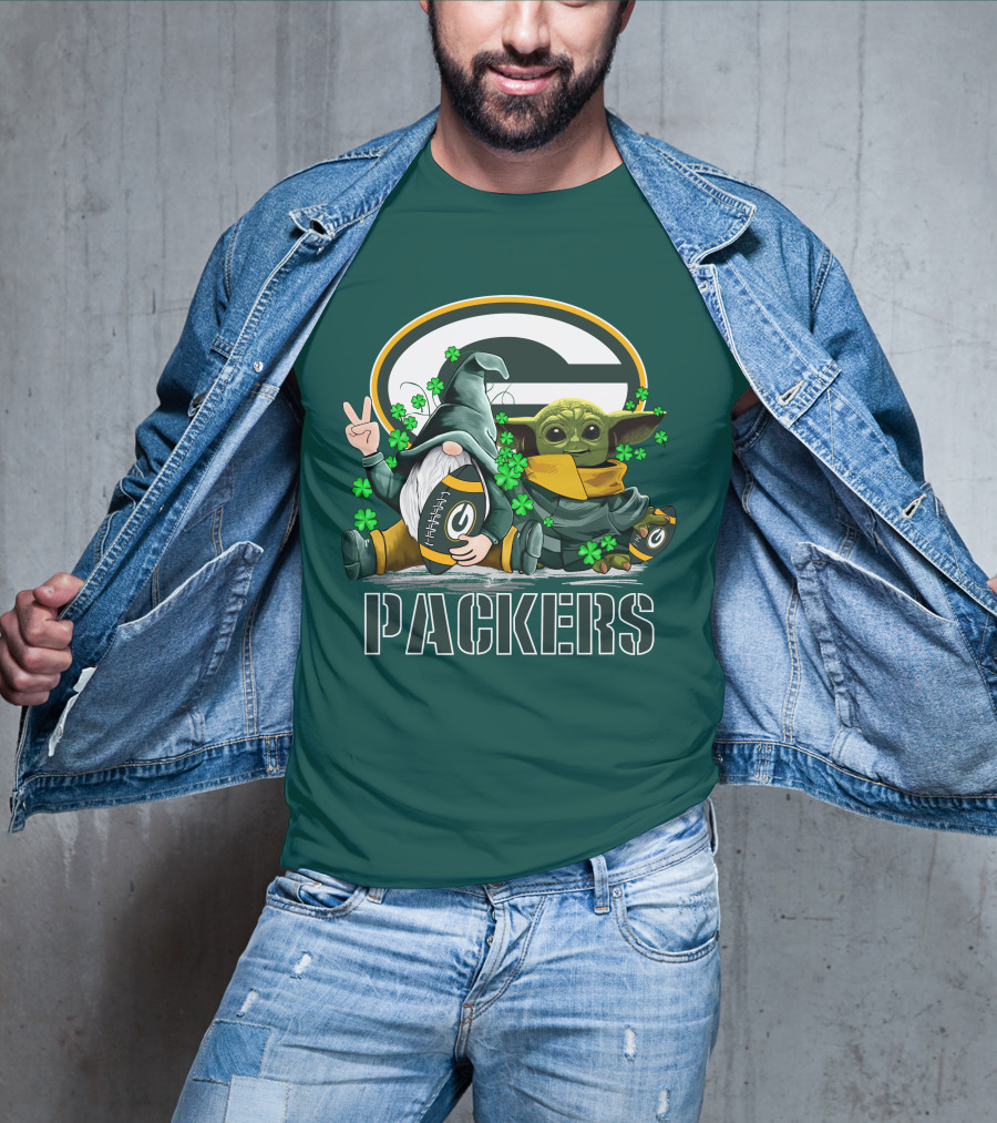 Leprechauns Gnomes Baby Yoda Packers Logo Shamrocks Hug Green Bay T-Shirt