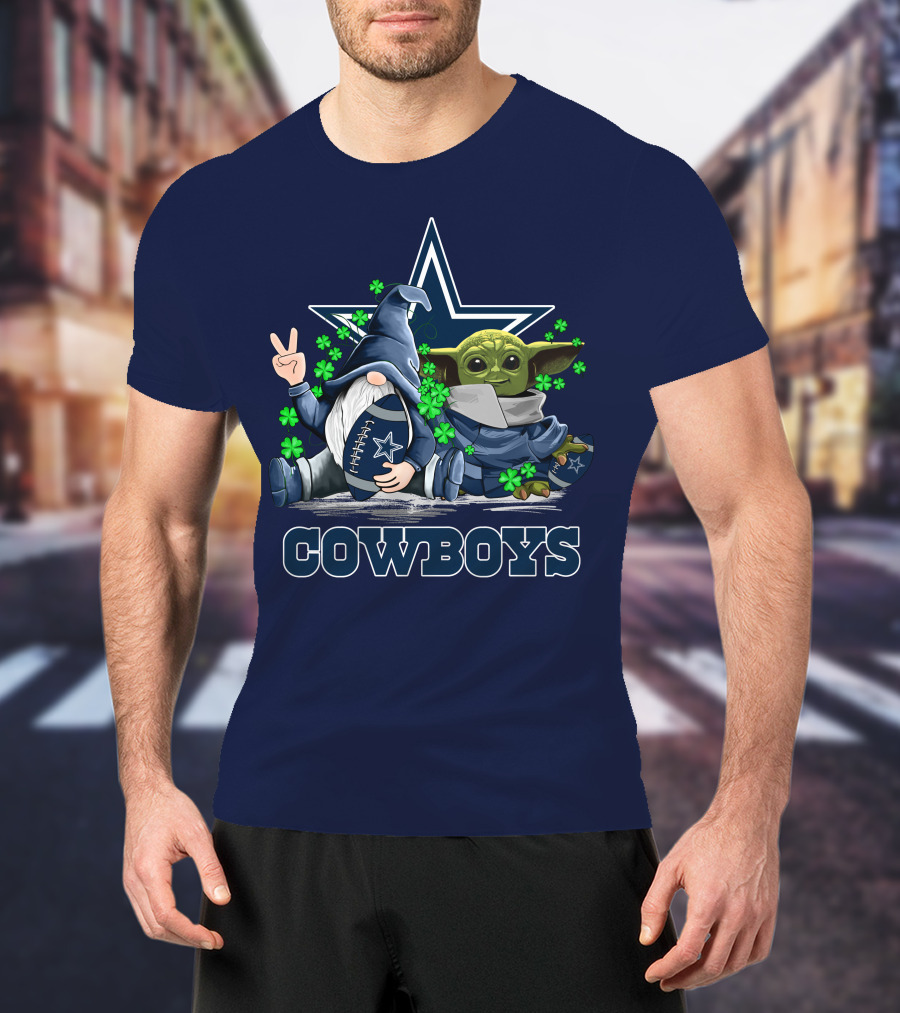 Leprechauns Gnomes Baby Yoda Hug Cowboys Star Clover Football T-Shirt