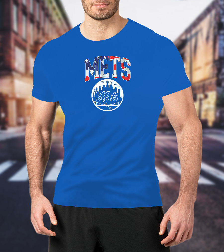 Mets American Flag Skyline Baseball T-Shirt