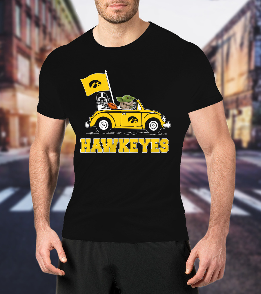 Iowa Hawkeyes Darth Vader Baby Yoda Driving Yellow Car Star Wars T-Shirt