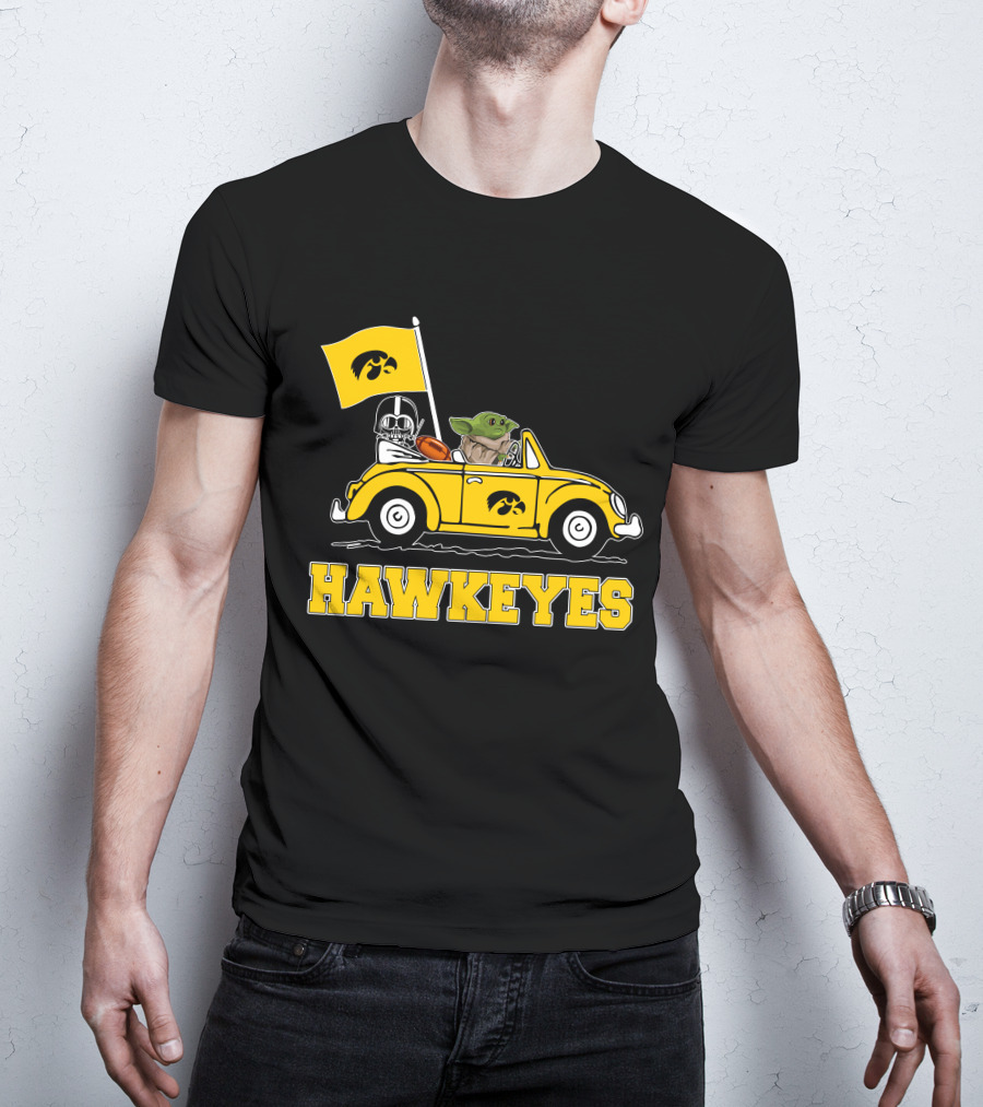 Iowa Hawkeyes Darth Vader Baby Yoda Driving Yellow Car Star Wars T-Shirt
