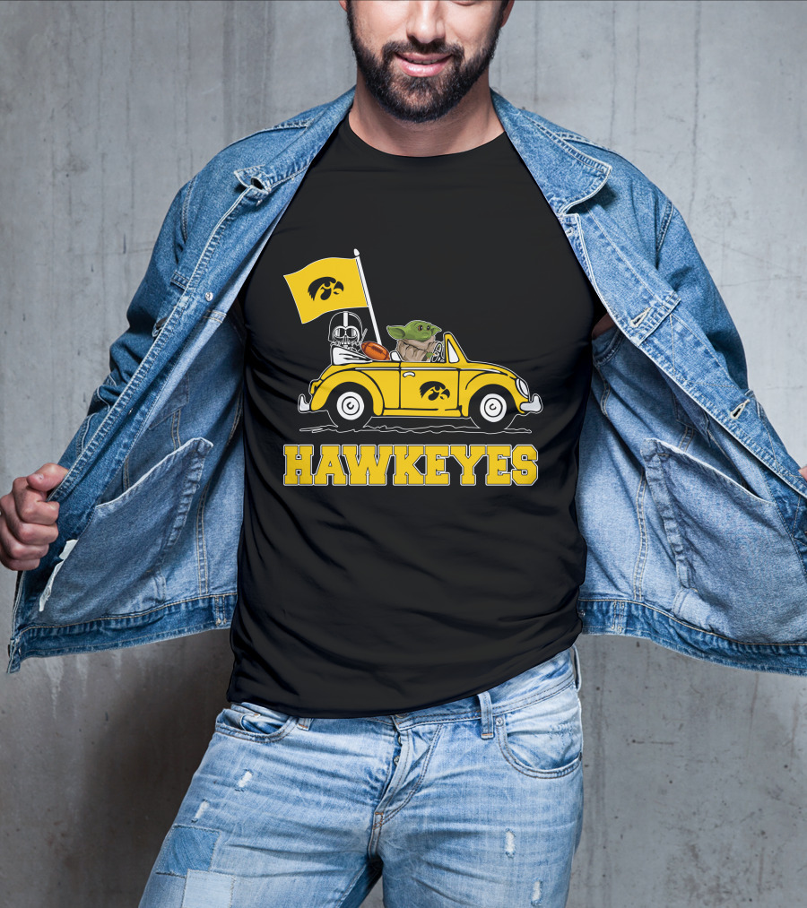 Iowa Hawkeyes Darth Vader Baby Yoda Driving Yellow Car Star Wars T-Shirt