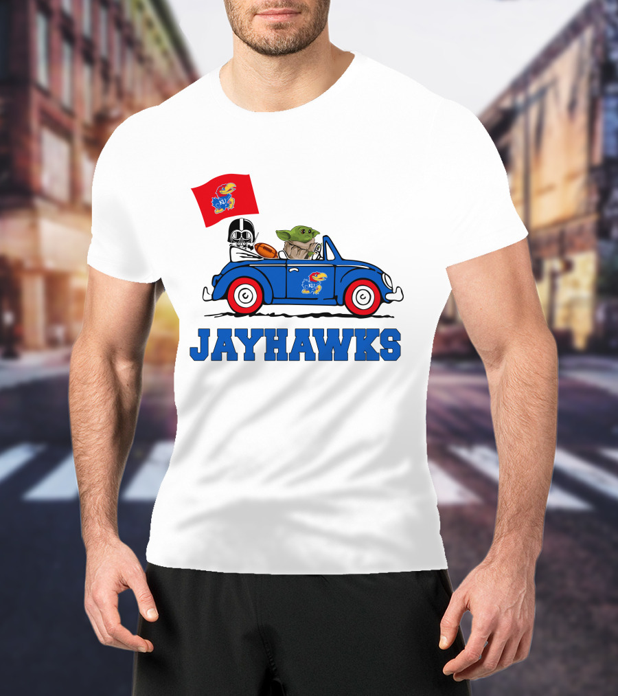 Kansas Jayhawks Darth Vader Baby Yoda Driving With Flag Star Wars Football T-Shirt
