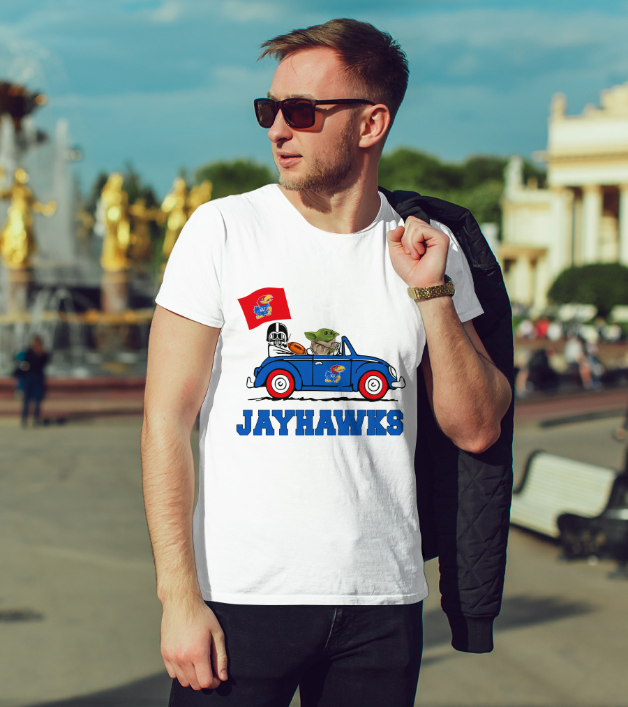 Kansas Jayhawks Darth Vader Baby Yoda Driving With Flag Star Wars Football T-Shirt