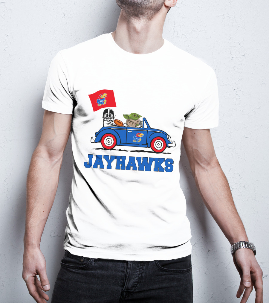 Kansas Jayhawks Darth Vader Baby Yoda Driving With Flag Star Wars Football T-Shirt