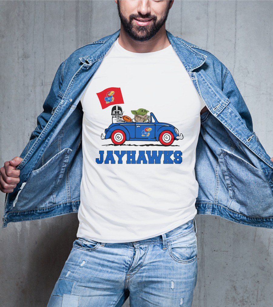 Kansas Jayhawks Darth Vader Baby Yoda Driving With Flag Star Wars Football T-Shirt