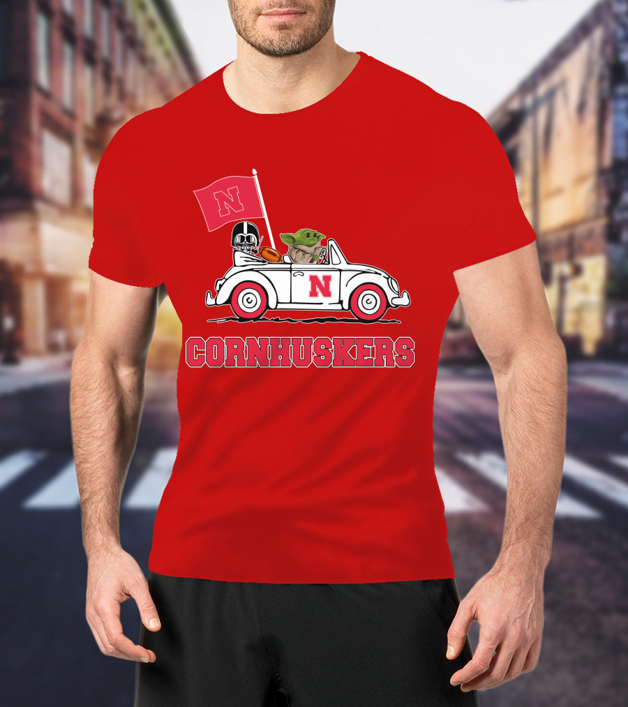 Cornhuskers Darth Vader Baby Yoda Driving Nebraska Car Star Wars T-Shirt