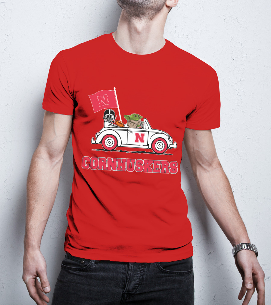 Cornhuskers Darth Vader Baby Yoda Driving Nebraska Car Star Wars T-Shirt