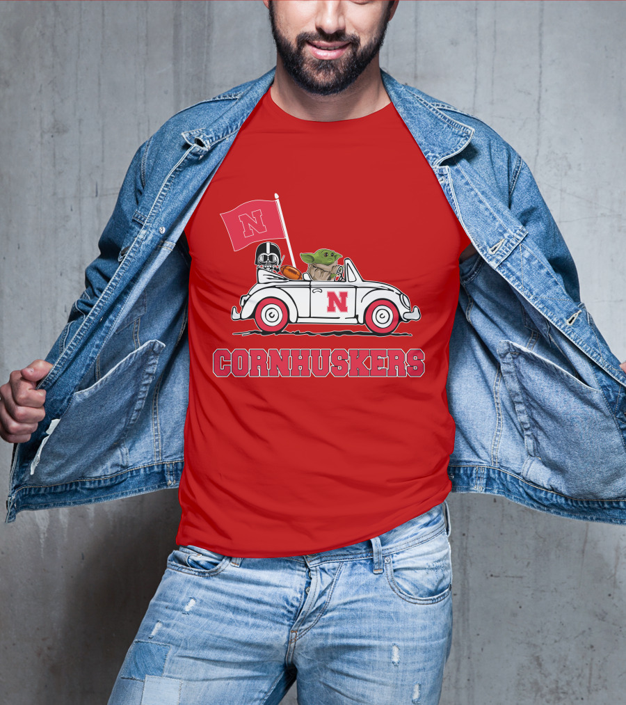 Cornhuskers Darth Vader Baby Yoda Driving Nebraska Car Star Wars T-Shirt
