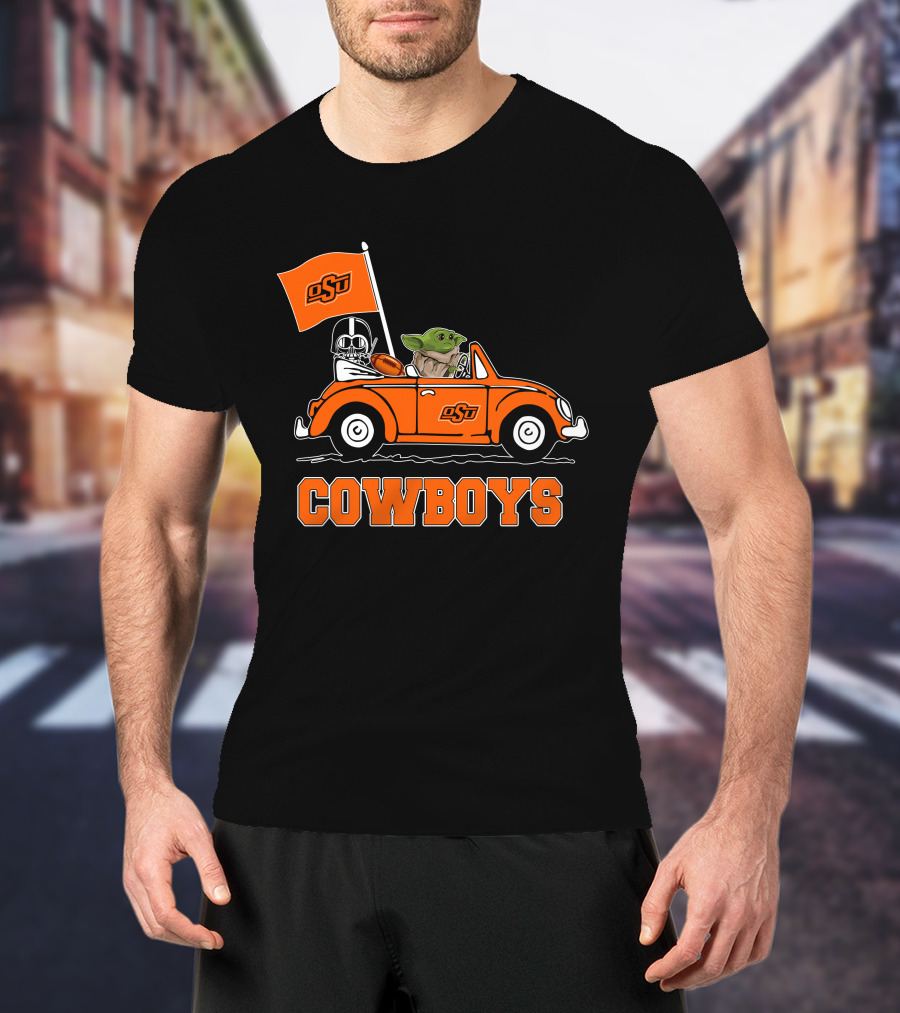 Oklahoma State Cowboys Darth Vader Baby Yoda Driving OsU Flag T-Shirt