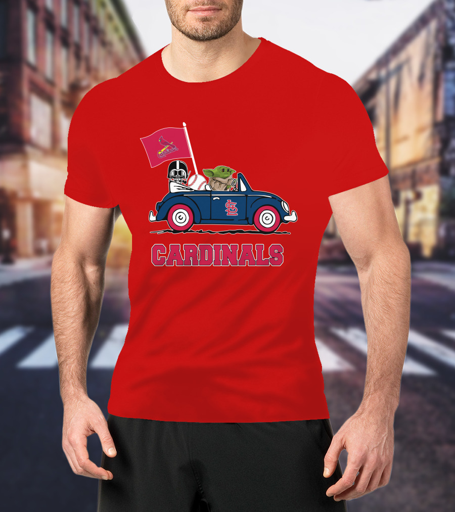 St Louis Cardinals Darth Vader Baby Yoda Driving Car Star Wars Baseball T-Shirt