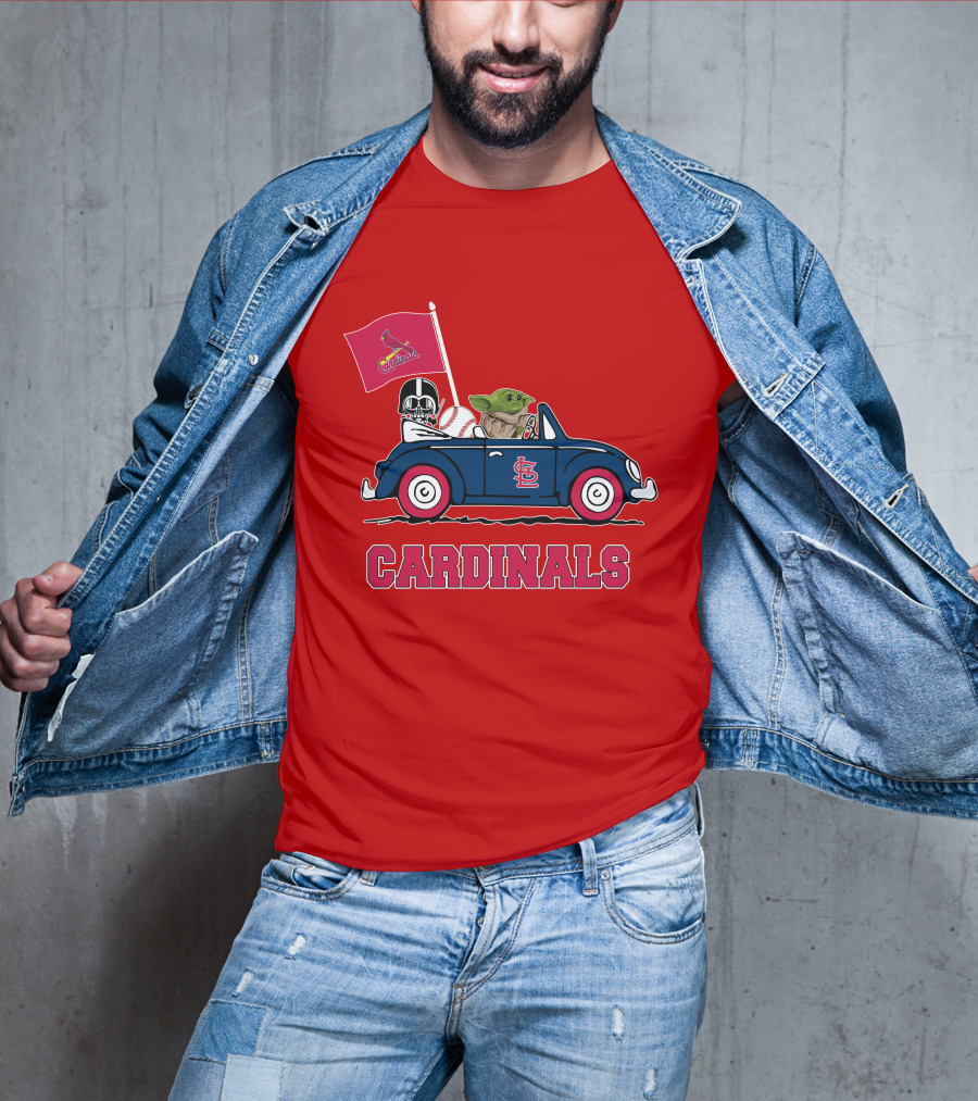 St Louis Cardinals Darth Vader Baby Yoda Driving Car Star Wars Baseball T-Shirt