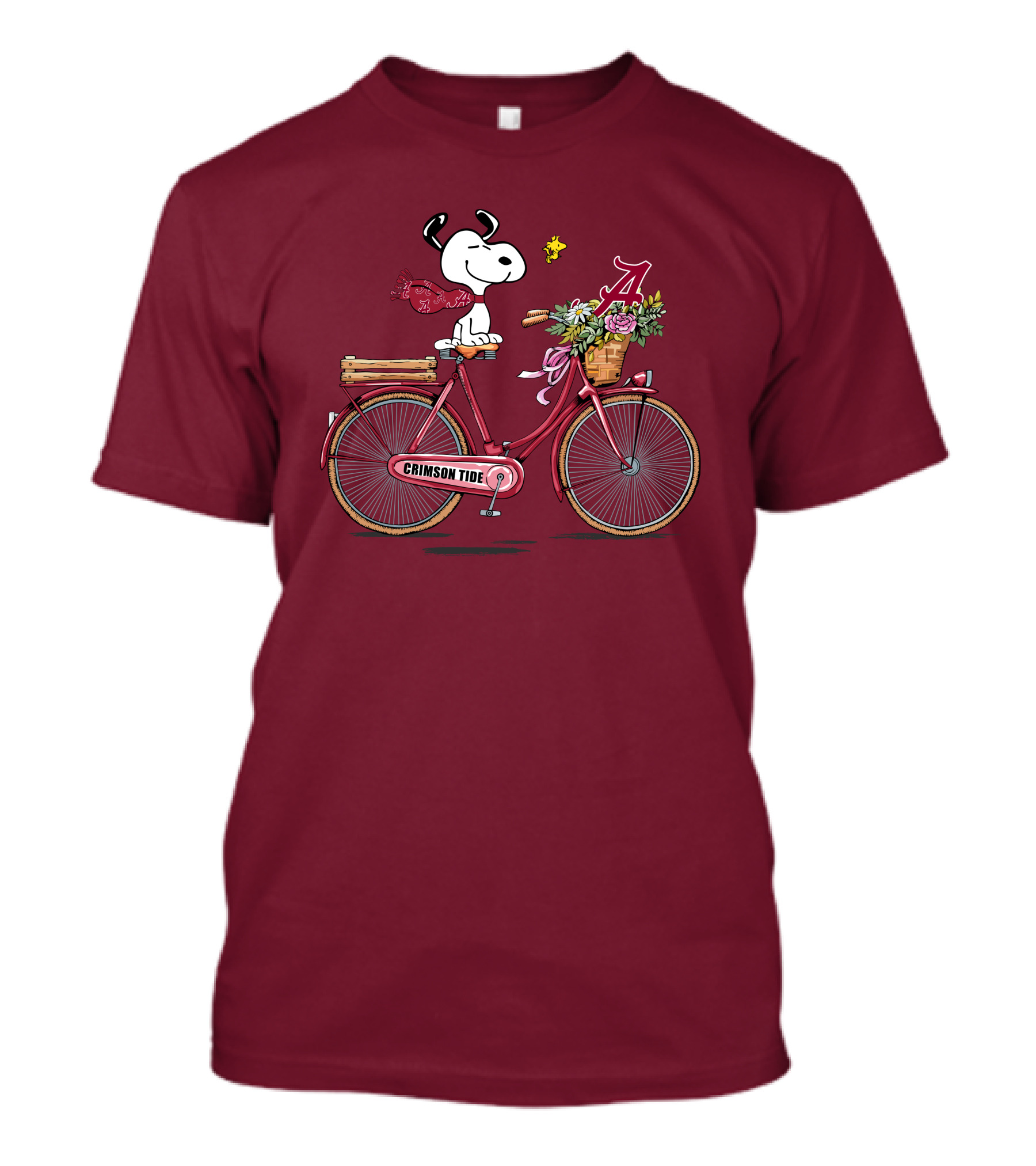 Alabama Crimson Tide Snoopy On Bicycle With Flowers And Woodstock T-Shirt