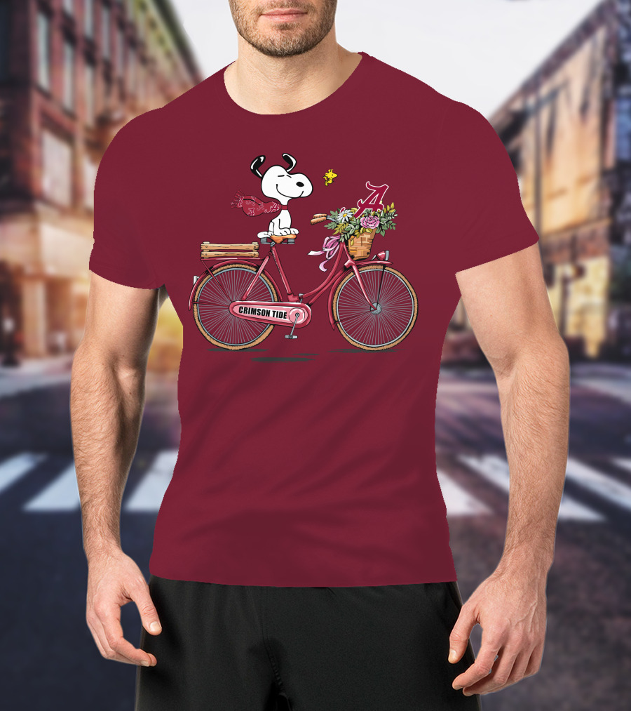 Alabama Crimson Tide Snoopy On Bicycle With Flowers And Woodstock T-Shirt