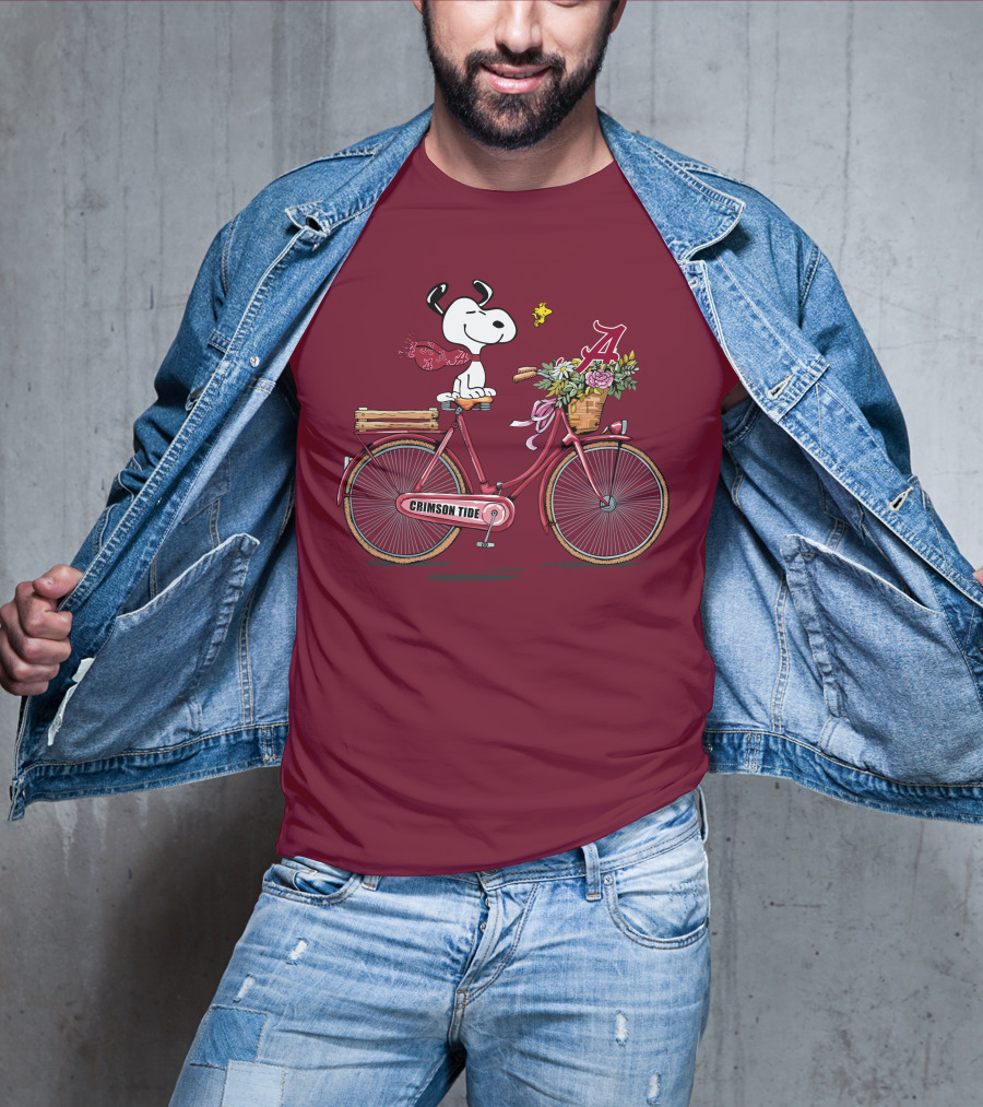 Alabama Crimson Tide Snoopy On Bicycle With Flowers And Woodstock T-Shirt