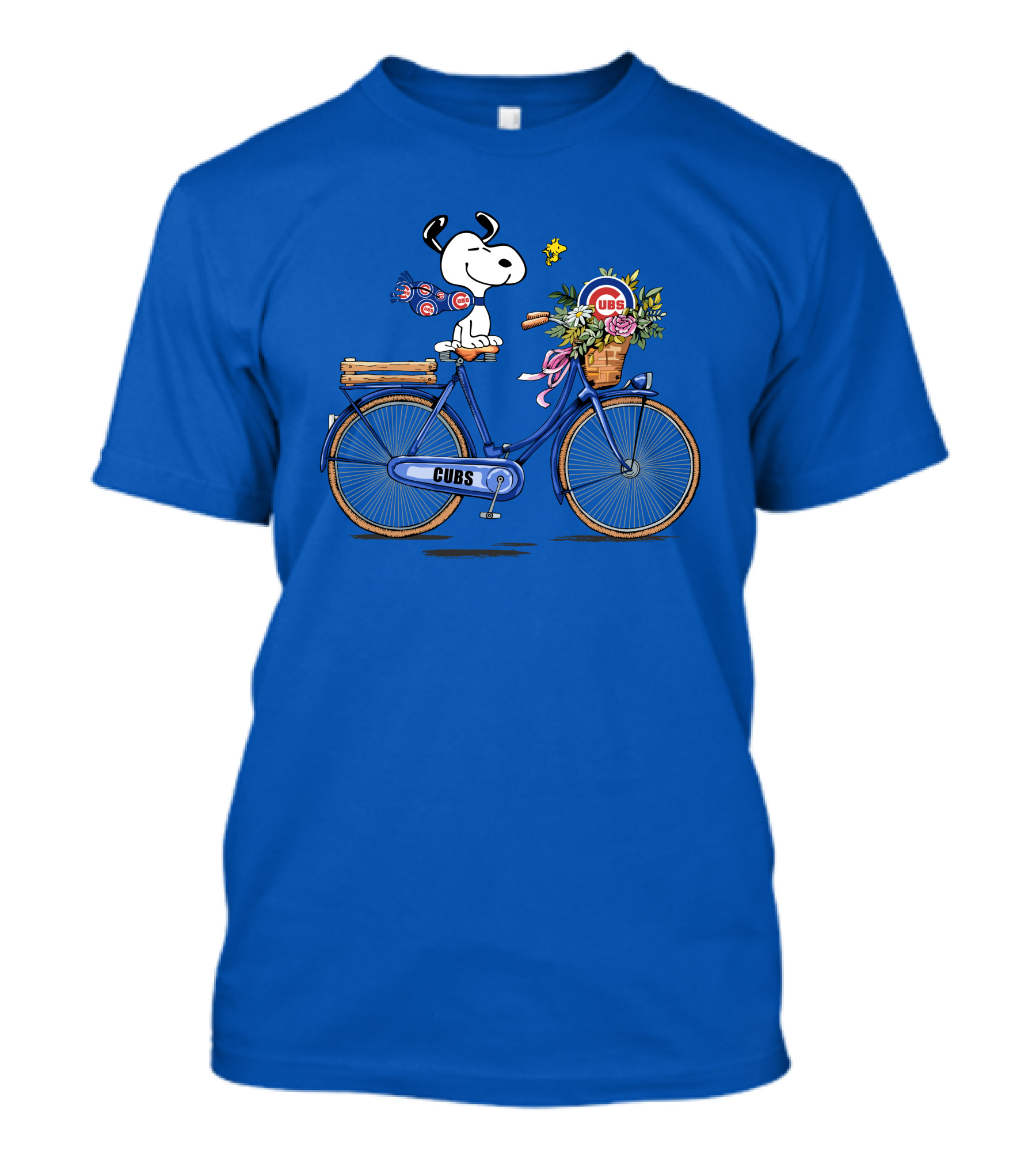 Chicago Cubs Snoopy On Bicycle With Flowers And Woodstock T-Shirt