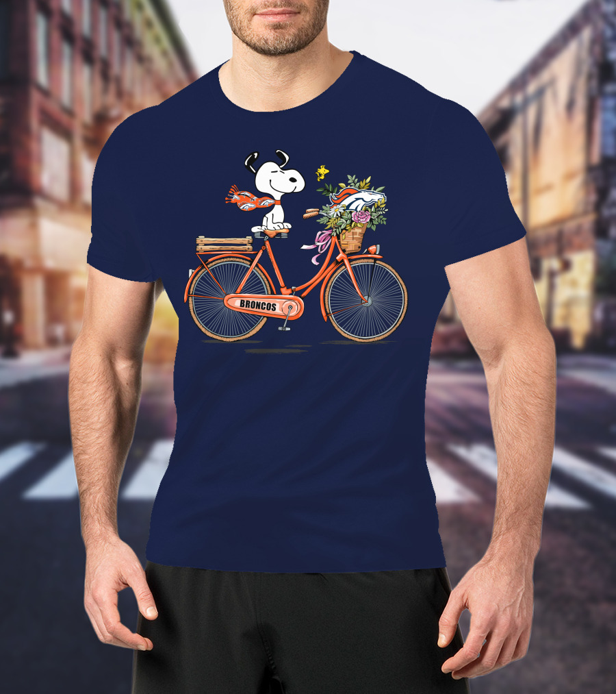 Denver Broncos Snoopy On Bicycle With Woodstock And Helmet T-Shirt