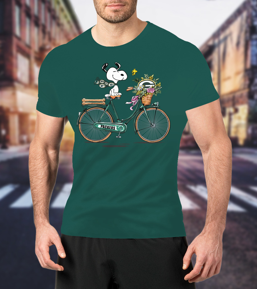 Packers Snoopy On Bicycle With Flowers And Woodstock T-Shirt