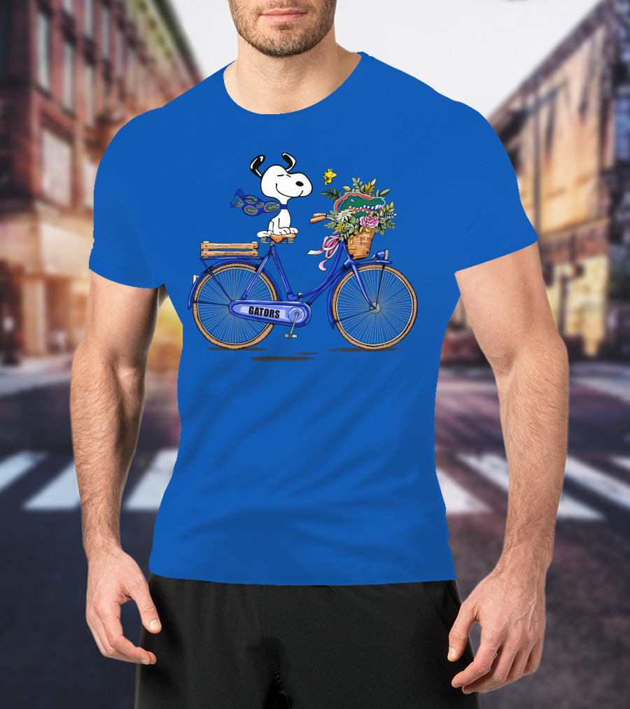 Snoopy Riding Gators Bike With Florida Gators Logo And Basket Of Flowers T-Shirt