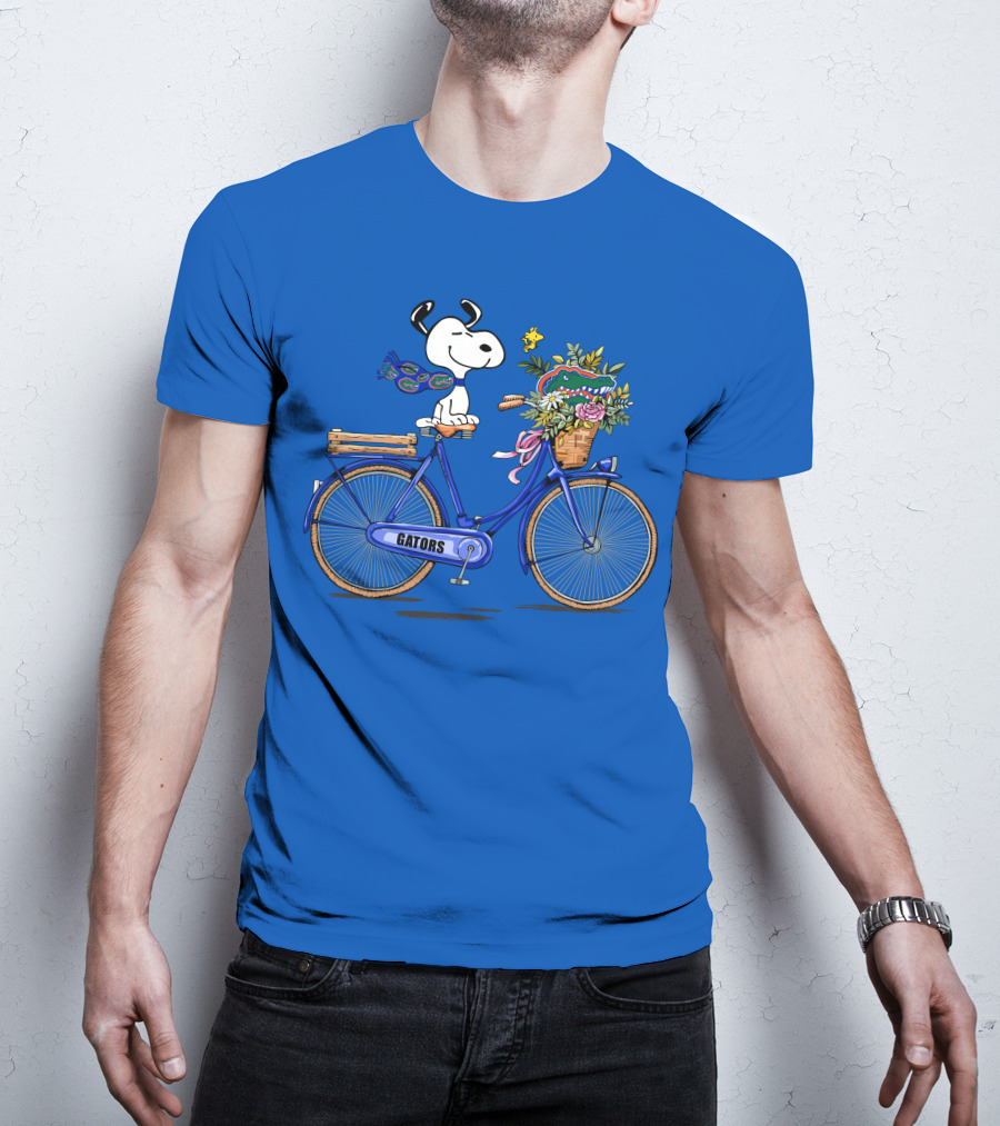 Snoopy Riding Gators Bike With Florida Gators Logo And Basket Of Flowers T-Shirt