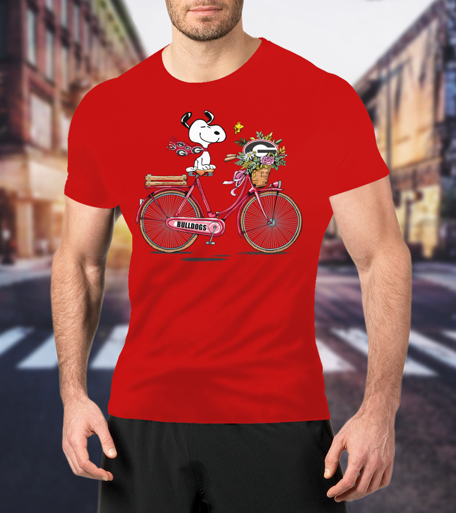 Georgia Bulldogs Snoopy Riding Bike With Flowers T-Shirt