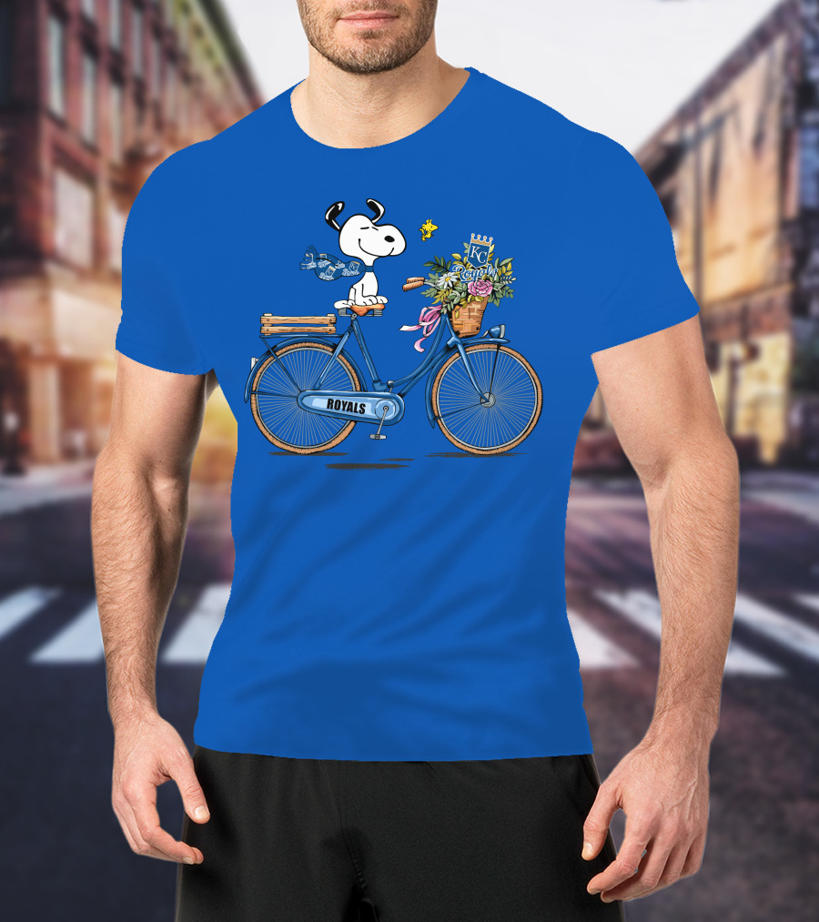 Kansas City Royals Snoopy Riding Bicycle With Woodstock And Flowers T-Shirt