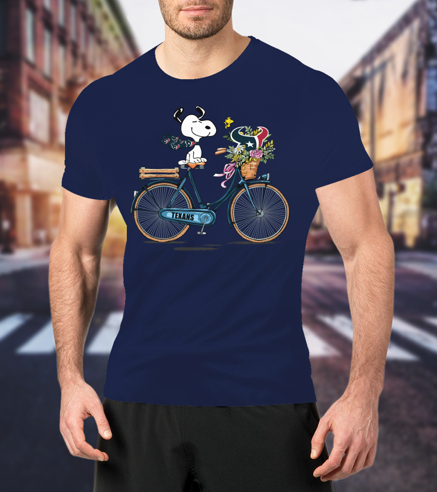 Texans Snoopy Bike Ride With Houston Logo And Flowers T-Shirt