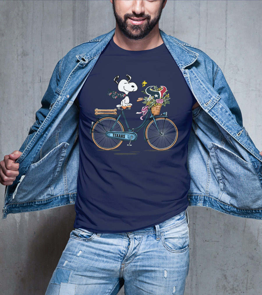 Texans Snoopy Bike Ride With Houston Logo And Flowers T-Shirt