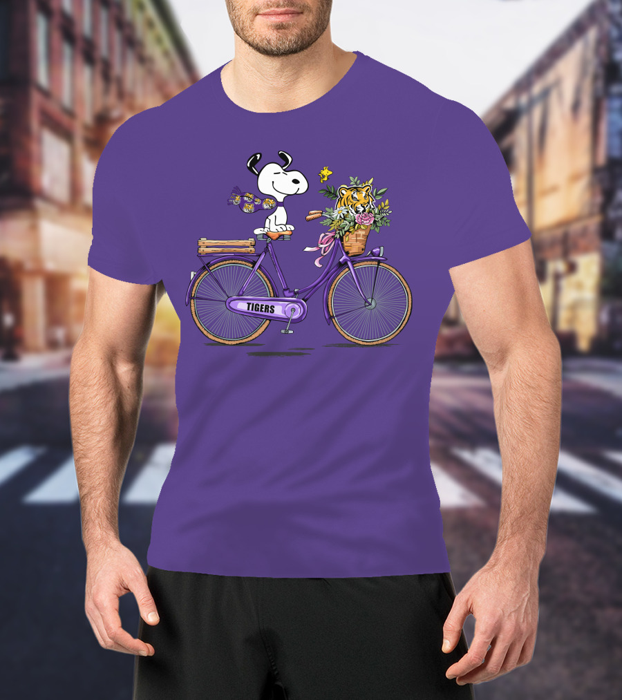 Snoopy Riding Purple Bicycle With LSU Tigers Bouquet T-Shirt