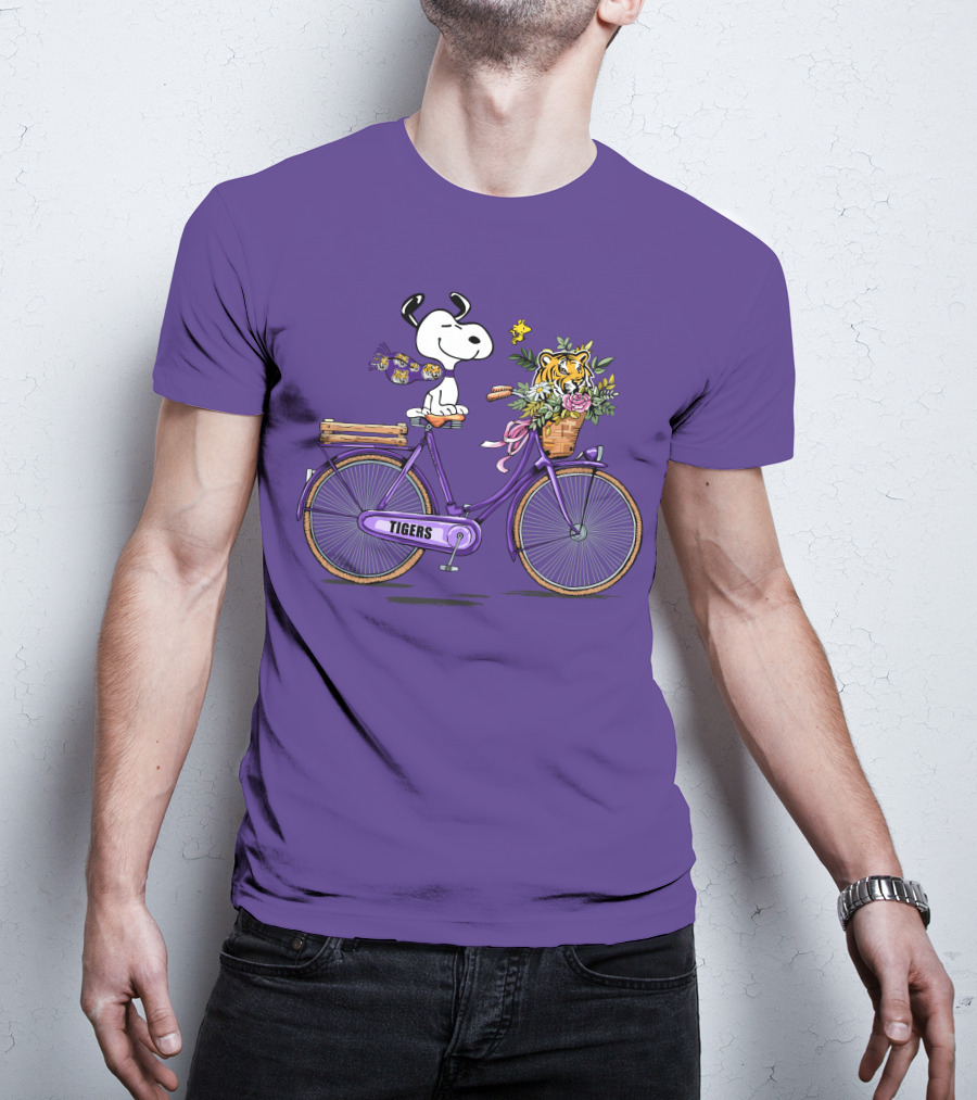 Snoopy Riding Purple Bicycle With LSU Tigers Bouquet T-Shirt