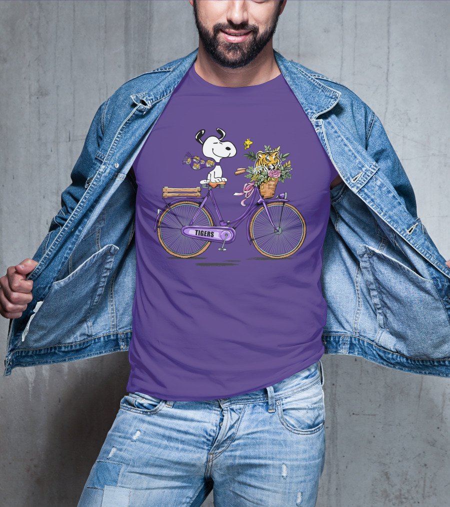 Snoopy Riding Purple Bicycle With LSU Tigers Bouquet T-Shirt