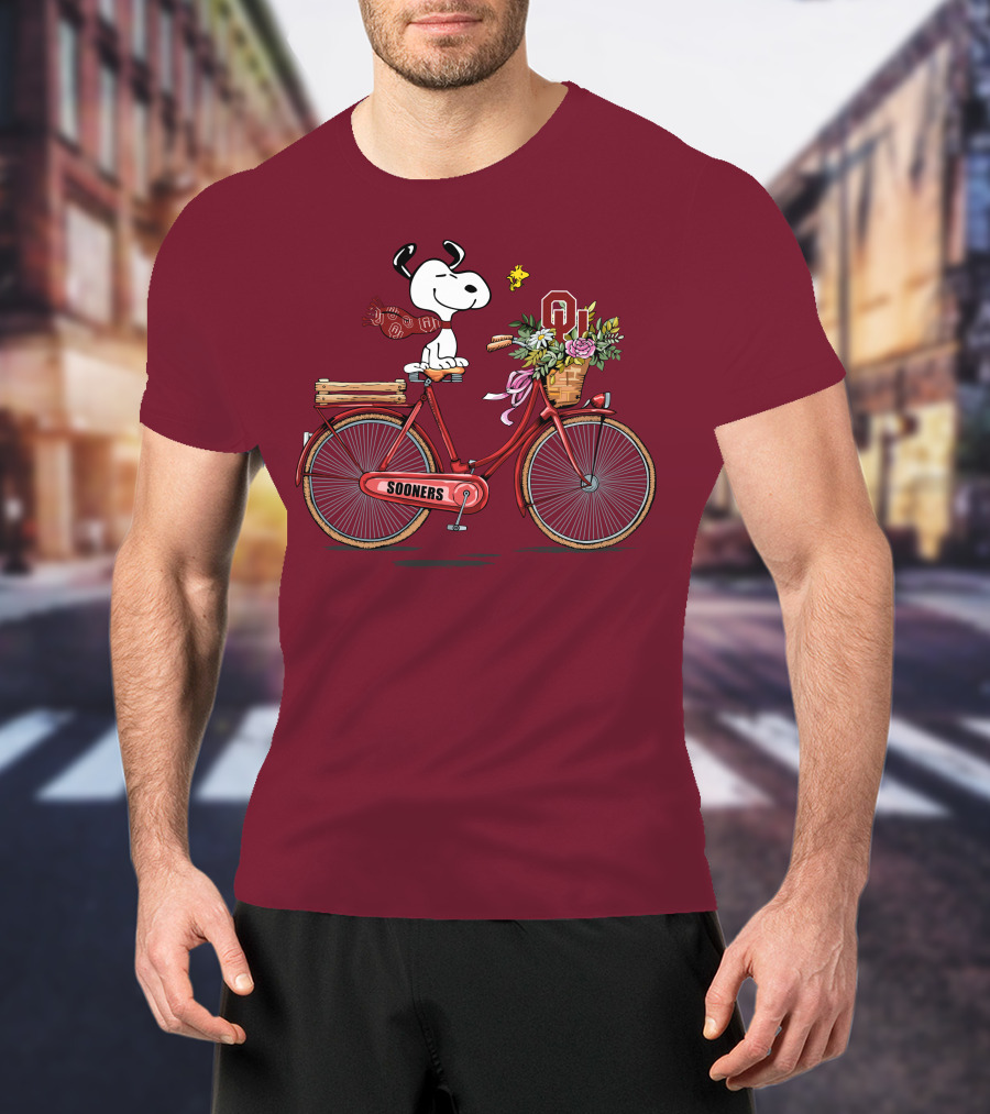 Oklahoma Sooners Snoopy Bicycle Flowers Woodstock T-Shirt