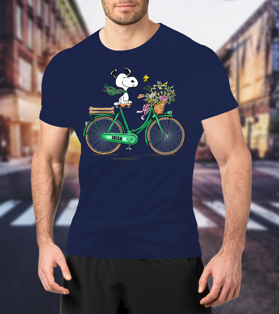 Notre Dame Fighting Irish Snoopy On Bicycle With Flowers And Woodstock T-Shirt