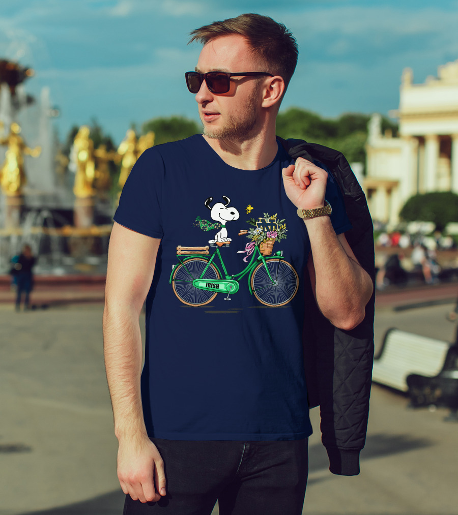 Notre Dame Fighting Irish Snoopy On Bicycle With Flowers And Woodstock T-Shirt