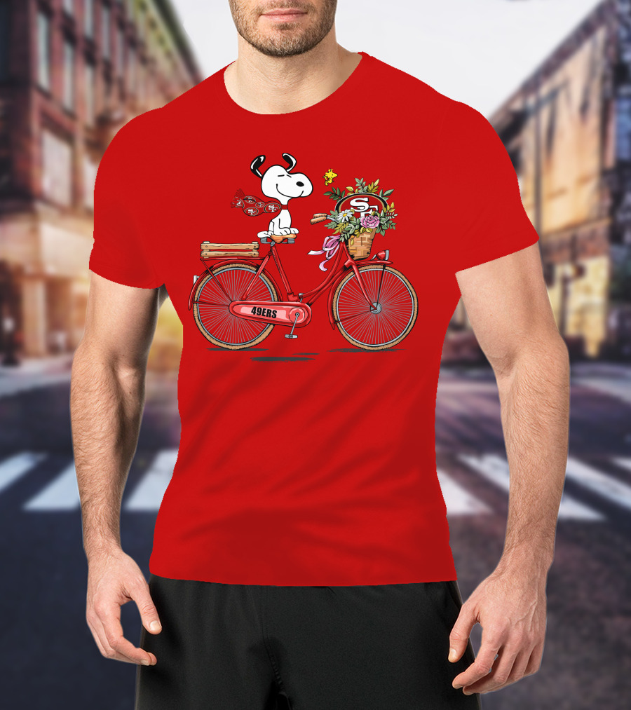 San Francisco 49ers Snoopy Riding Bike With Flowers T-Shirt