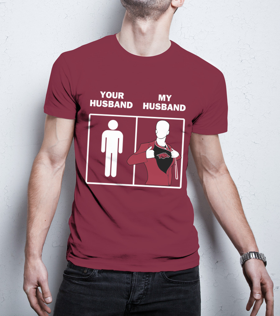 Arkansas Razorbacks Your Husband My Husband Superhero Fan Comparison T-Shirt