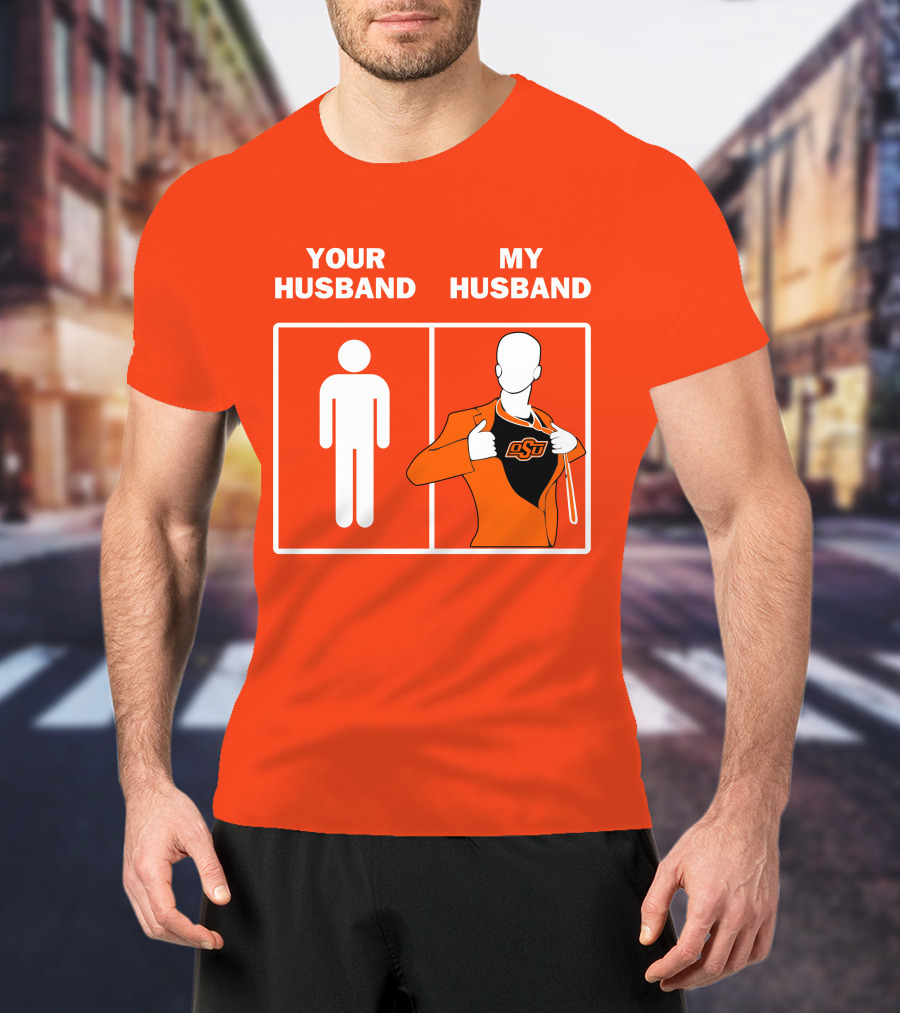 Oklahoma State Cowboys Your Husband My Husband OSU Logo Superhero Orange Suit T-Shirt