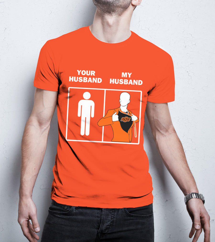Oklahoma State Cowboys Your Husband My Husband OSU Logo Superhero Orange Suit T-Shirt